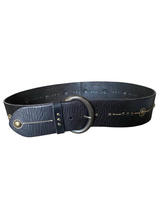 Fossil Black Leather Wide Waist Belt Brass Studded Embroidered Size Medium